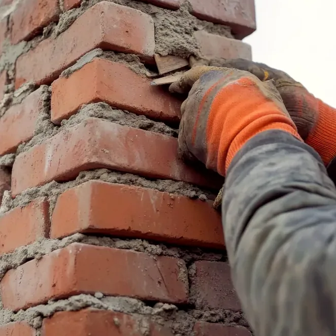 Brick joints being tuckpointed on a Thousand Oaks chimney