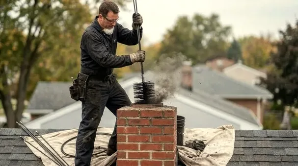 Chimney sweep working from a roof in Agoura Hills