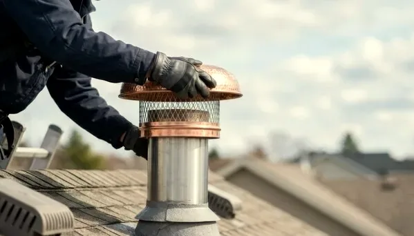 Chimney cap with fine ember mesh being installed in the Conejo Valley
