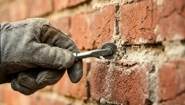 Mason working fresh mortar into masonry joints near Camarillo