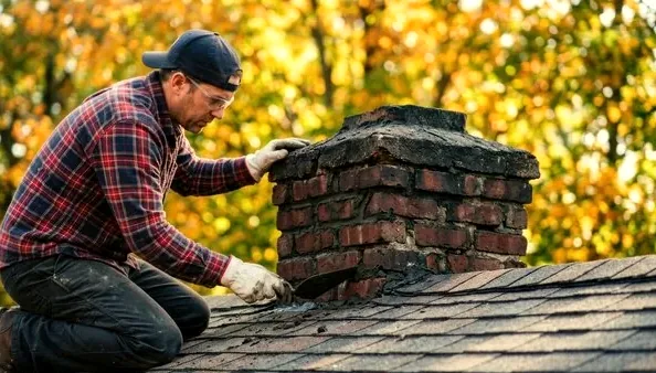 Mason repairing the top of a brick chimney on a Thousand Oaks ranch home